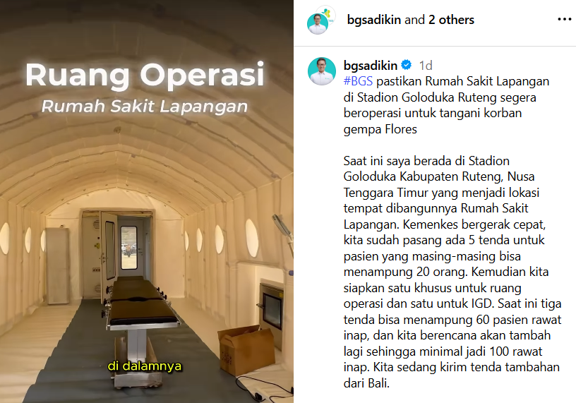 Kemenkes Fungsikan RS Lapangan untuk Korban Gempa NTT, Sudah Bisa Lakukan Operasi. (Foto: Instagram/Budi Gunadi Sadikin)