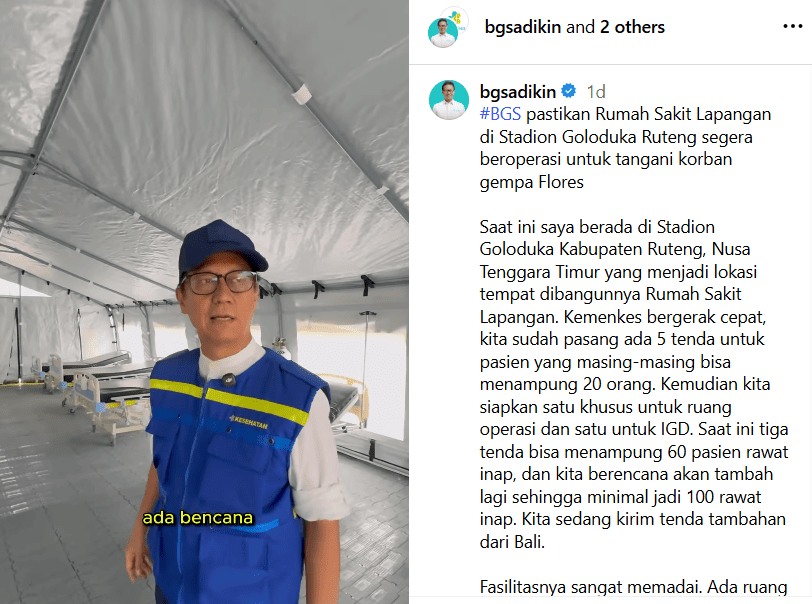 Intip Fasilitas RS Lapangan Ruteng, Tenda Faskes Darurat untuk Korban Gempa NTT. (Foto: Instagram/Budi Gunadi Sadikin)