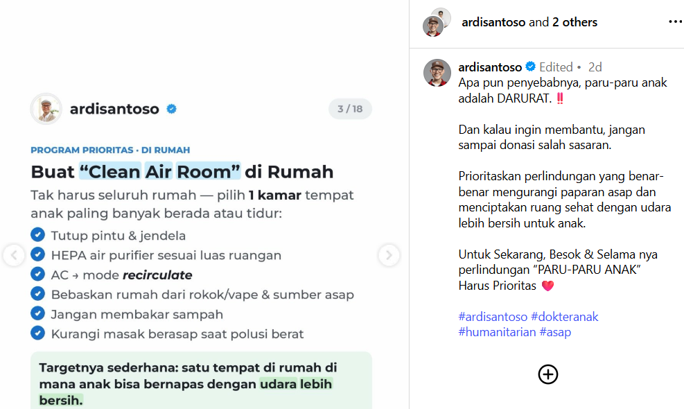Masker Tak Cukup untuk Hadapi Kabut Asap Karhutla, Ini Anjuran Dokter. (Foto: Instagram/ardisantoso)