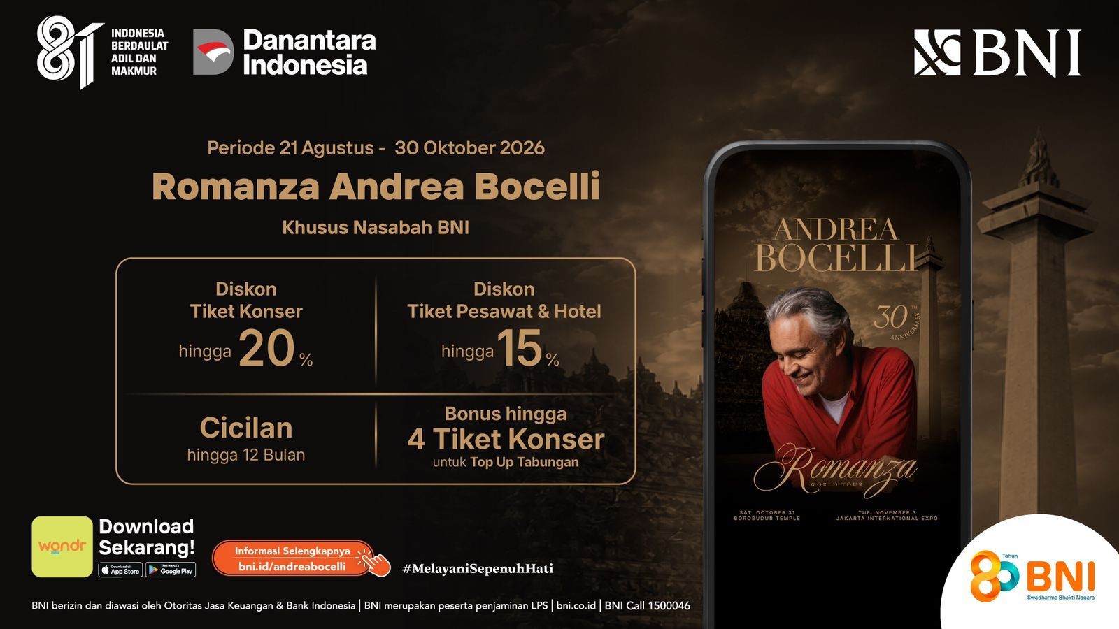 Nonton Andrea Bocelli Makin Istimewa, BNI (BBNI) Tawarkan Diskon Tiket hingga Travel (FOTO:Dok Ist)