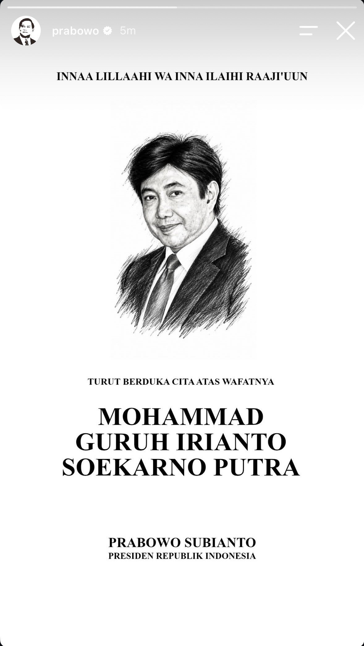 Sampaikan Belasungkawa Meninggalnya Guruh Soekarnoputra, Prabowo Unggah Foto Sketsa Hitam Putih