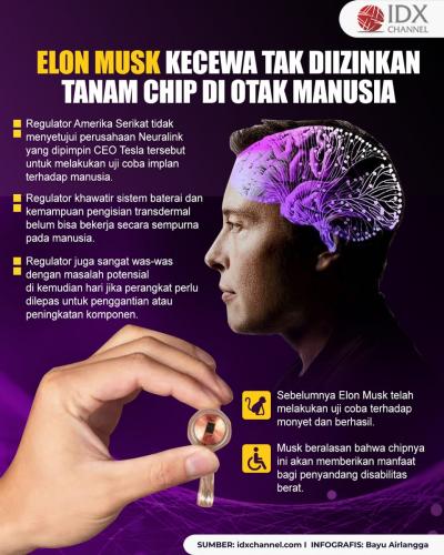 Elon Musk Kecewa Tak Diizinkan Tanam Chip di Otak Manusia. (Foto : Tim Digital Marketing IDX Channel)