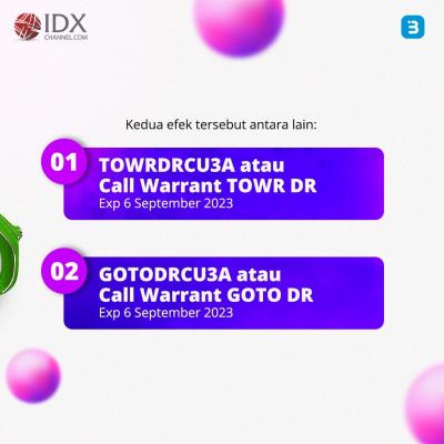 Penjualan Waran TOWR dan GOTO akan Dihapus Mulai Minggu Depan (Foto : Tim Digital Marketing IDX Channel)