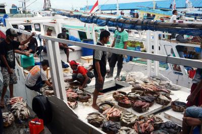 Nelayan menurunkan ikan hasil tangkapan di Tempat Pelelangan Ikan Paotere, Makassar, Sulawesi Selatan, beberapa waktu lalu.