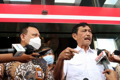 Menko Marves Luhut Binsar Pandjaitan menghadiri peluncuran Aksi Pencegahan Korupsi Stranas PK 2021-2022 di Gedung Merah Putih KPK, Jakarta, Selasa (13/4/2021).