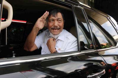 Menko Marves Luhut Binsar Pandjaitan menghadiri peluncuran Aksi Pencegahan Korupsi Stranas PK 2021-2022 di Gedung Merah Putih KPK, Jakarta, Selasa (13/4/2021).