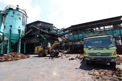 Truk bermuatan Tandan Buah Segar Kelapa Sawit menurunkan buah di Pabrik Kelapa Sawit PT. Sawit Sumbermas Sarana di Pangkalan bun, Kamis (29/4/2021).