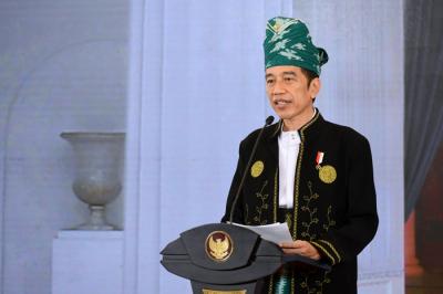 Presiden Joko Widodo saat Upacara Peringatan Hari Lahir Pancasila Tahun 2021 secara virtual dari Istana Kepresidenan Bogor, Jawa Barat, Selasa (1/6/2021).