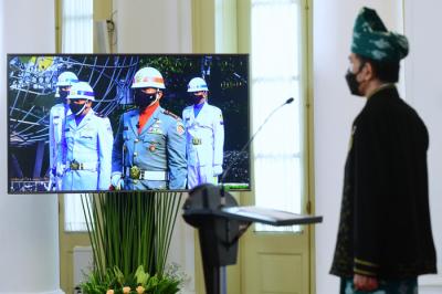 Presiden Joko Widodo saat Upacara Peringatan Hari Lahir Pancasila Tahun 2021 secara virtual dari Istana Kepresidenan Bogor, Jawa Barat, Selasa (1/6/2021).