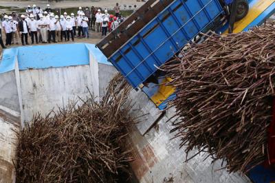 Proses giling tebu saat buka giling tahun 2021 di pabrik gula PT Industri Gula Glenmore (IGG), Banyuwangi Jawa Timur, Rabu (9/6/2021).