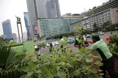 Petugas Dinas Pertamanan dan Hutan Kota DKI Jakarta merawat bunga matahari yang mempercantik kawasan Bundaran HI, Jakarta Pusat, Jumat (18/6/2021).
