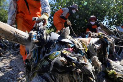 Kegiatan Brand Audit di Pantai Timur Surabaya, kawasan ekowisata Mangrove Wonorejo, Surabaya, Jawa Timur, Senin (26/7/2021).
