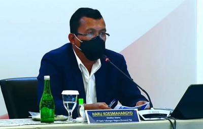 Direktur Utama PT Bank Tabungan Negara Tbk Haru Koesmahargyo menyampaikan paparan kepada sejumlah media di Jakarta, Kamis (5/8/2021).