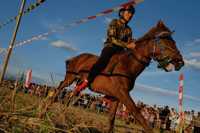 Sejumlah warga menyaksikan pacuan kuda tradisional di Kecamatan Simbang, Desa Tanete, Kabupaten Maros, Rabu (25/8/2021).
