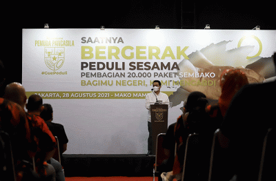 Acara Pemuda Pancasila Bergerak Peduli Sesama di Mako Kafe, Jakarta, Sabtu (28/8/2021).