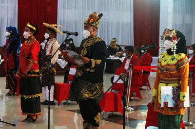 PKKMB Tahun Akademik 2021/2022 yang dibuka secara hybrid, di Universitas 17 Agustus 1945 (Untag) Surabaya, Jawa Timur, Senin (30/8/2021).