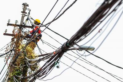 Petugas sedang memperbaiki kabel listrik yang tertutup oleh pohon di kawasan Jakarta Barat, Senin (30/8/2021).
