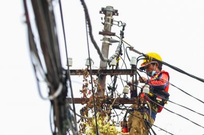Petugas sedang memperbaiki kabel listrik yang tertutup oleh pohon di kawasan Jakarta Barat, Senin (30/8/2021).
