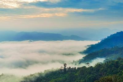 Pengunjung saat menikmati suasana objek wisata Negeri Atas Awan sempat di Kawasan Desa Citorek, Lebak, Banten, Minggu (12/9/2021).