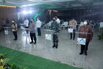 Panglima TNI Marsekal TNI Hadi Tjahjanto menghadiri acara launching aplikasi ASAP Digital di Mabes Polri Jakarta Selatan, Rabu (15/9/2021).