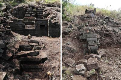 Tim Ekspedisi Ubaya membersihkan tanah dan pepohonan yang menutupi situs purbakala ketika melakukan ekspedisi di Gunung Penanggungan, Minggu (19/9/2021).