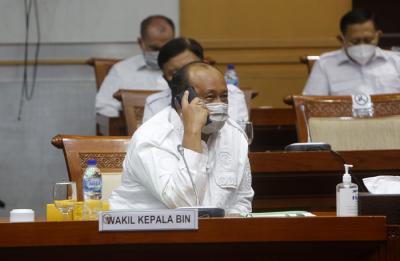 Wakil Kepala BIN Letjen Teddy Lhaksmana Widya Kusuma saat rapat kerja dengan Komisi I DPR di Kompleks Parlemen, Senayan, Jakarta, Kamis (23/9/2021).