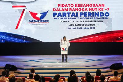 Ketua Umum Partai Perindo Hary Tanoesoedibjo saat memberikan Pidato Kebangsaan dalam rangka Peringatan HUT Ke-7 Partai Perindo di Jakarta, Jumat (8/10/2021).