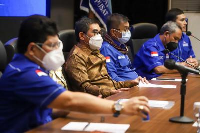 Partai Demokrat memberikan keterangan pers di Kantor DPP Partai Demokrat, Jakarta, Senin (11/10/2021).