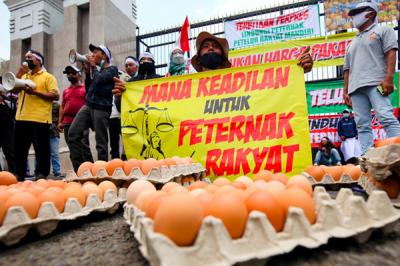 Ratusan peternak melakukan demonstrasi dengan membawa telur ayam di Depan Gedung DPR, Jakarta Pusat, Senin (11/10/2021).