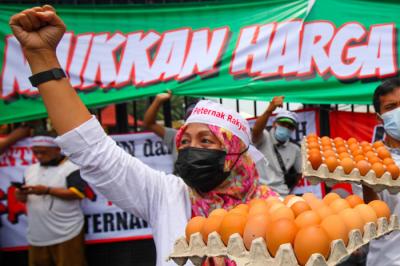 Ratusan peternak melakukan demonstrasi dengan membawa telur ayam di Depan Gedung DPR, Jakarta Pusat, Senin (11/10/2021).