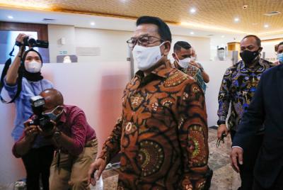 Kepala Kantor Staf Presiden (KSP) Moeldoko usai memenuhi panggilan di Bareskrim Polri, Jakarta Selatan, Selasa (12/10/2021).