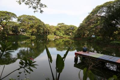 Warga memancing di Danau Taman Kebun Bibit Wonorejo Surabaya, Jawa Timur, Jumat (22/10/2021).