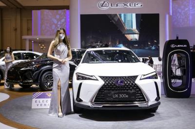 Sales Promotion Girl (SPG) berpose pada Satand dalam ajang pameran GIIAS 2021 di Indonesia Convention Exhibition (ICE) BSD.