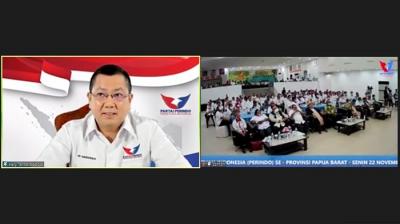 Ketua Umum Partai Perindo Hary Tanoesoedibjo memberikan sambutan pada acara Muskerwil III Provinsi Papua Barat, Senin (22/11/2021).