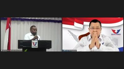 Ketua Umum Partai Perindo Hary Tanoesoedibjo memberikan sambutan pada acara Muskerwil III Provinsi Papua Barat, Senin (22/11/2021).