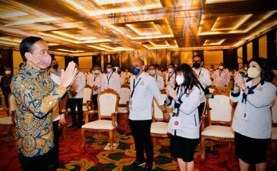 Presiden Joko Widodo membuka Rapat Pimpinan Nasional (Rapimnas) Kamar Dagang dan Industri (Kadin) Indonesia Tahun 2021 yang digelar di Bali.