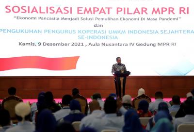 Ketua MPR RI Bambang Soesatyo saat memberikan materi Sosialisasi 4 Pilar MPR RI di Nusantara IV, Kompleks Parlemen MPR/DPR-DPD, Senayan.