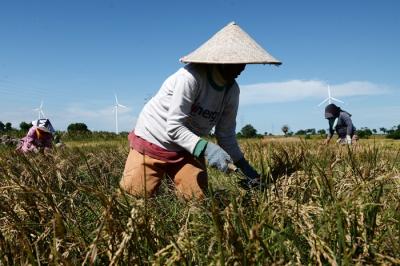 Warga beraktivitas di sekitar baling baling raksasa Pembangkit Listrik Tenaga Bayu (PLTB) Tolo, Kabupaten Jeneponto.