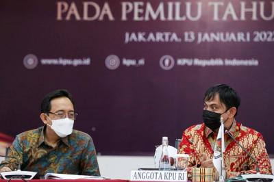 Sosialisasi Pemanfaatan Teknologi Informasi pada Pemilu Tahun 2024 di Kantor KPU, Jakarta, Kamis (13/1/2022).