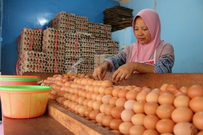 Pedagang telur melayani pembeli di kawasan Pasar Serdang Kemayoran, Jakarta, Sabtu (15/1/2022).