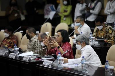 Menteri Keuangan Sri Mulyani menyampaikan paparan dalam rapat kerja bersama Komite IV DPD RI di kompleks Parlemen, Jakarta, Senin (24/1/2022).