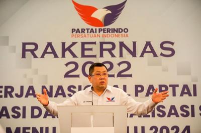 Ketua Umum Partai Perindo Hary Tanoesoedibjo saat membuka Rapat Kerja Nasional (Rakernas) Partai Perindo tahun 2022 di Lido Lake Resort, Bogor, Jawa Barat.