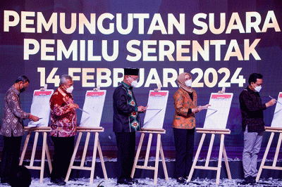 Peluncuran Hari Pemungutan Suara Pemilu Serentak Tahun 2024 di Jakarta, Senin (14/2/2022).