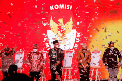 Peluncuran Hari Pemungutan Suara Pemilu Serentak Tahun 2024 di Jakarta, Senin (14/2/2022).