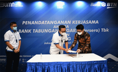 Perjanjian Kerja sama tentang Integrasi Layanan Sistem Informasi dengan Platform Arsitag pada Ekosistem Digital Bank BTN di Jakarta, Rabu (16/2/2022).