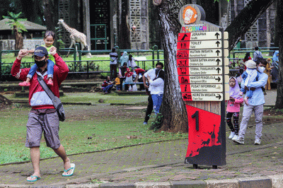 Pengunjung melihat gajah di Taman Marga Satwa Ragunan, Jakarta Selatan, Senin (28/2/2022).