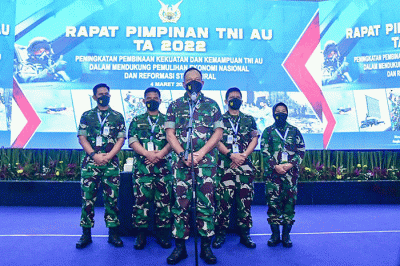Kasau Marsekal TNI Fadjar Prasetyo, membuka Rapat Pimpinan TNI AU Tahun 2022 di Gedung Suharnoko Harbani Mabesau, Cilangkap, Jakarta, Jumat (4/3/2022).