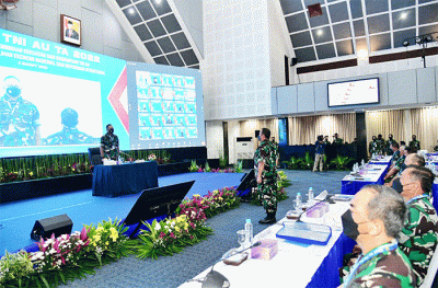 Kasau Marsekal TNI Fadjar Prasetyo, membuka Rapat Pimpinan TNI AU Tahun 2022 di Gedung Suharnoko Harbani Mabesau, Cilangkap, Jakarta, Jumat (4/3/2022).