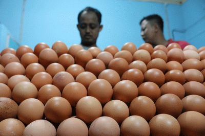 Pedagang telur ayam melayani pembeli di kawasan Pasar Serdang Kemayoran, Jakarta, Sabtu (5/3/2022).