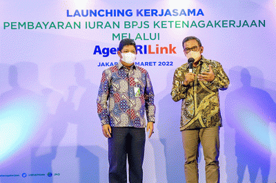 Launching kerja sama pembayaran iuran BPJS Ketenagakerjaan melalui Agen BRILink di Jakarta, Selasa (8/3/2022).